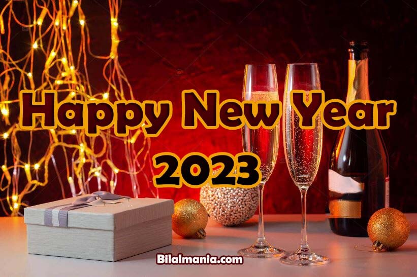 happy new year 2023 and Christmas background. christmas composition with champagne bottle, christmas decorations