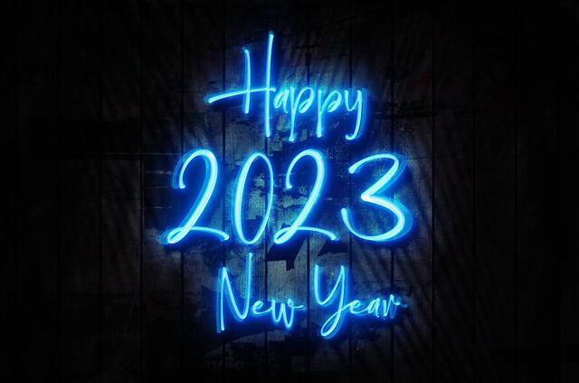 Happy New Year 2023 Neon Sign on a Dark Wooden Wall 3D illustration.