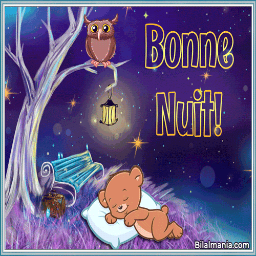 Bonne nuit Gif avec ours en peluche dormant sous l'arbre et un hibou assis sur l'arbre