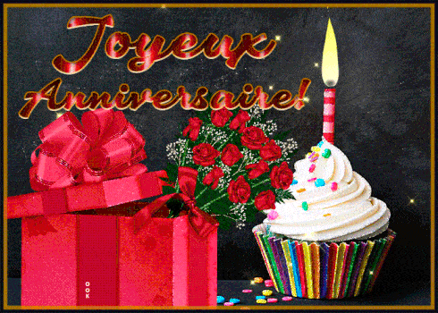 [Nouveau] Joyeux anniversaire (Joyeux anniversaire) gâteau, fleurs et bougies allumées GIF