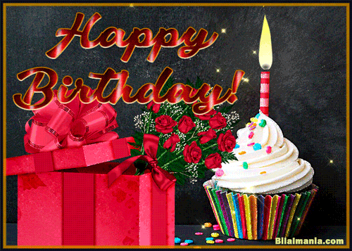 Happy Birthday Cup Cake GIF Image with Red roses, gift and Animated Candles