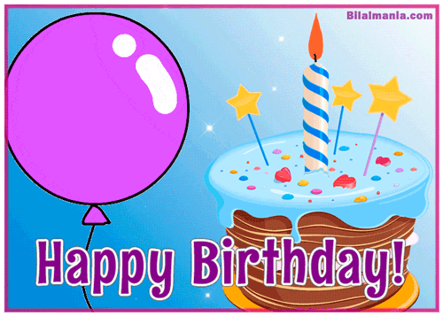 Happy Birthday GIF for Her with Cake and Animated Candle and ballon
