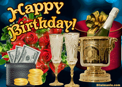 Have a lovely day! Charming Happy birthday Flower and money GIF image.