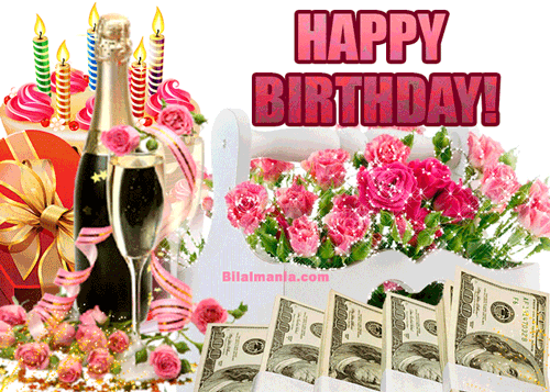 Have a lovely day! Charming Happy birthday Pink Flower and money. Happy Birthday Gif for Him