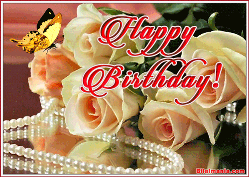 Beautiful white roses with butterfly - Happy Birthday GIF