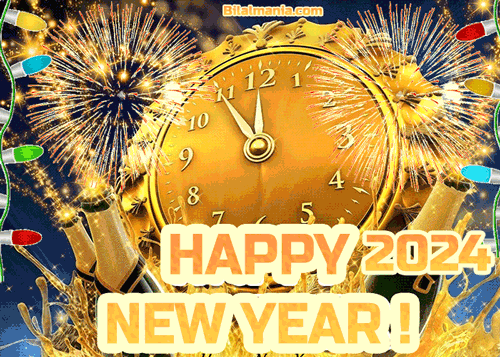 Happy New Year 2024 Gif Clock and Fireworks